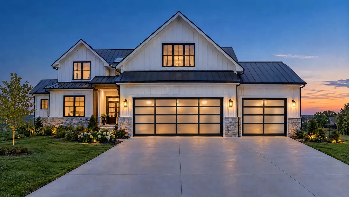 Modern Full-View garage doors on a white farmhouse