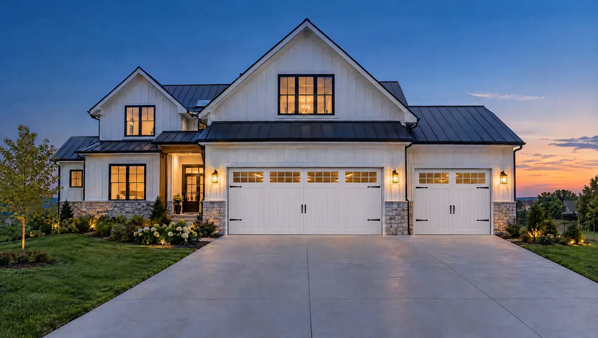 Carriage House garage doors on a white farmhouse