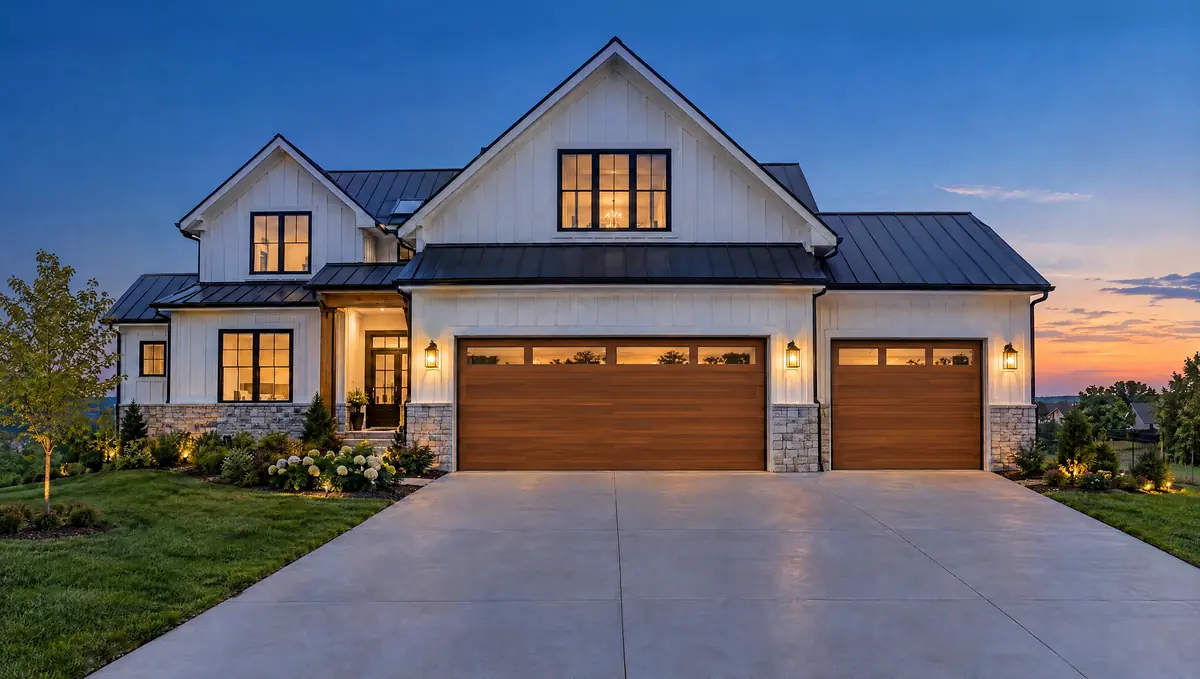 Wood-Look Steel garage doors on a white farmhouse